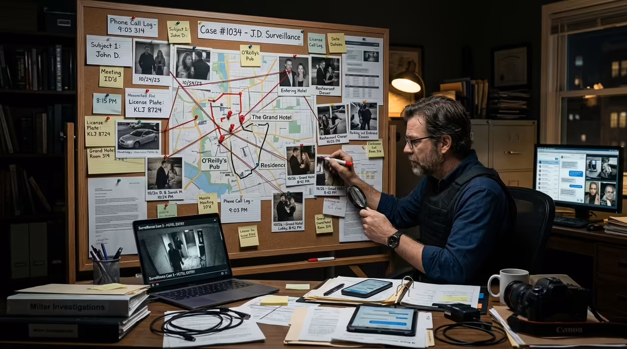 Investigador analizando el expediente de un caso con material documental y equipo de cómputo