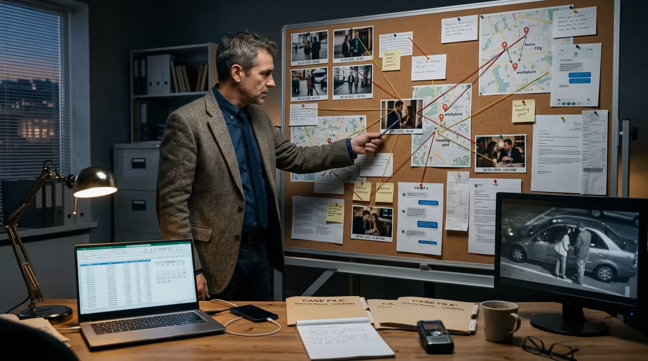 Investigador analizando el expediente de un caso con material documental y equipo de cómputo