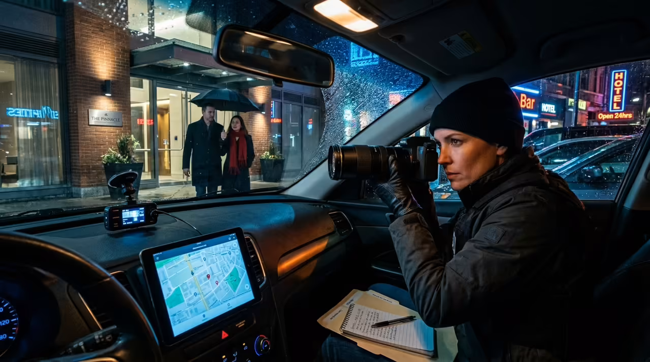 Investigador privado documentando un seguimiento desde un vehículo de vigilancia