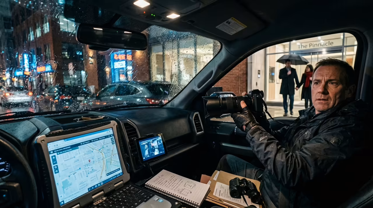 Investigador privado documentando un seguimiento desde un vehículo de vigilancia