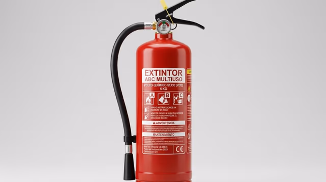 Extintor contra incendios clasificado por tipo de agente extintor (ABC, CO2, agua, espuma AFFF, agente limpio, automático)