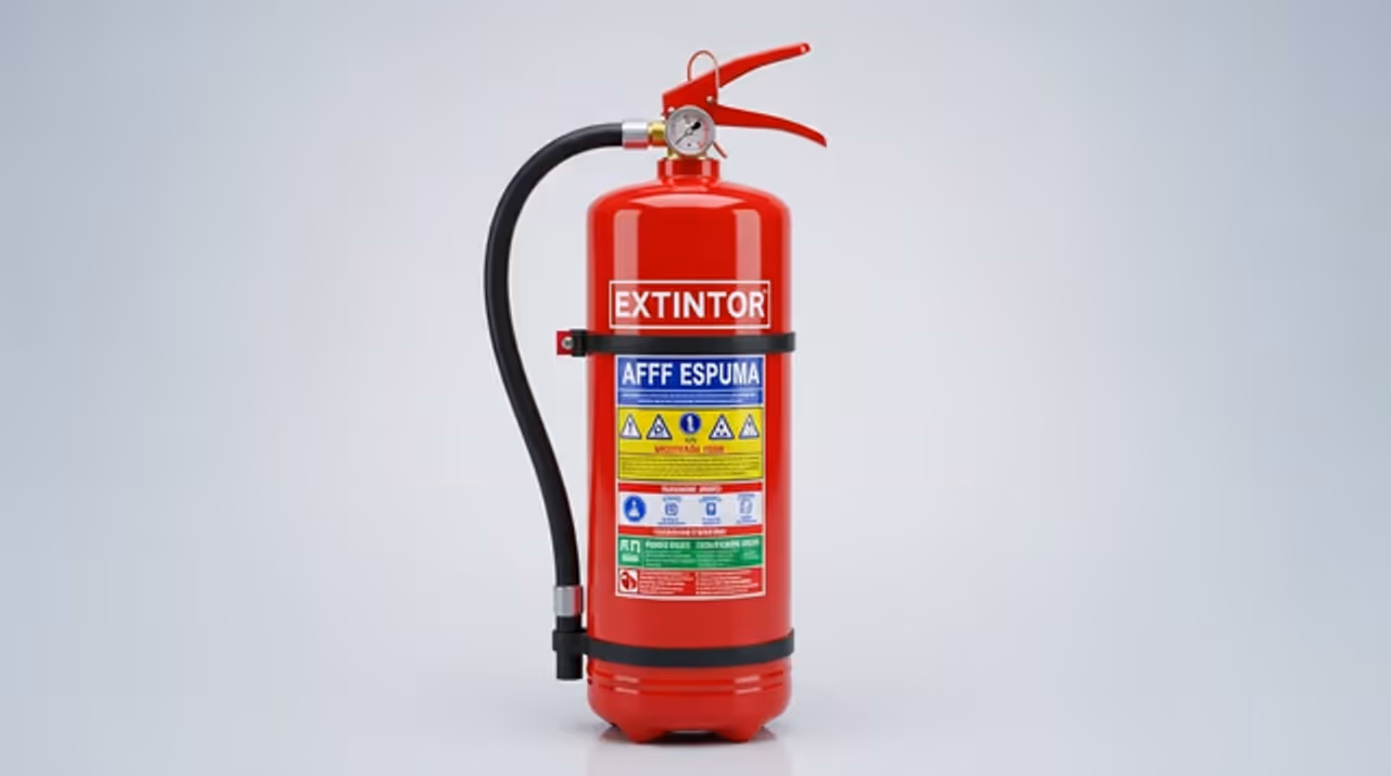 Extintor contra incendios clasificado por tipo de agente extintor (ABC, CO2, agua, espuma AFFF, agente limpio, automático)