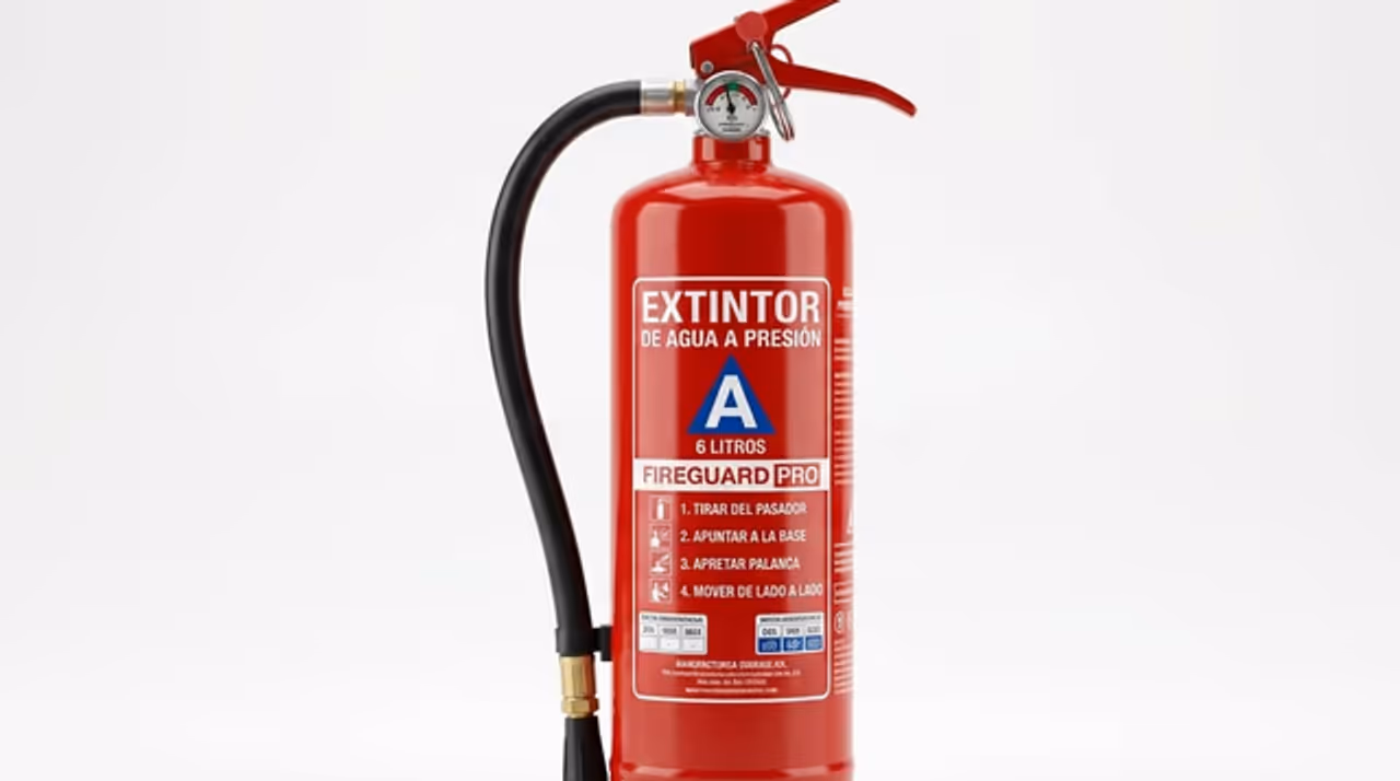 Extintor contra incendios clasificado por tipo de agente extintor (ABC, CO2, agua, espuma AFFF, agente limpio, automático)