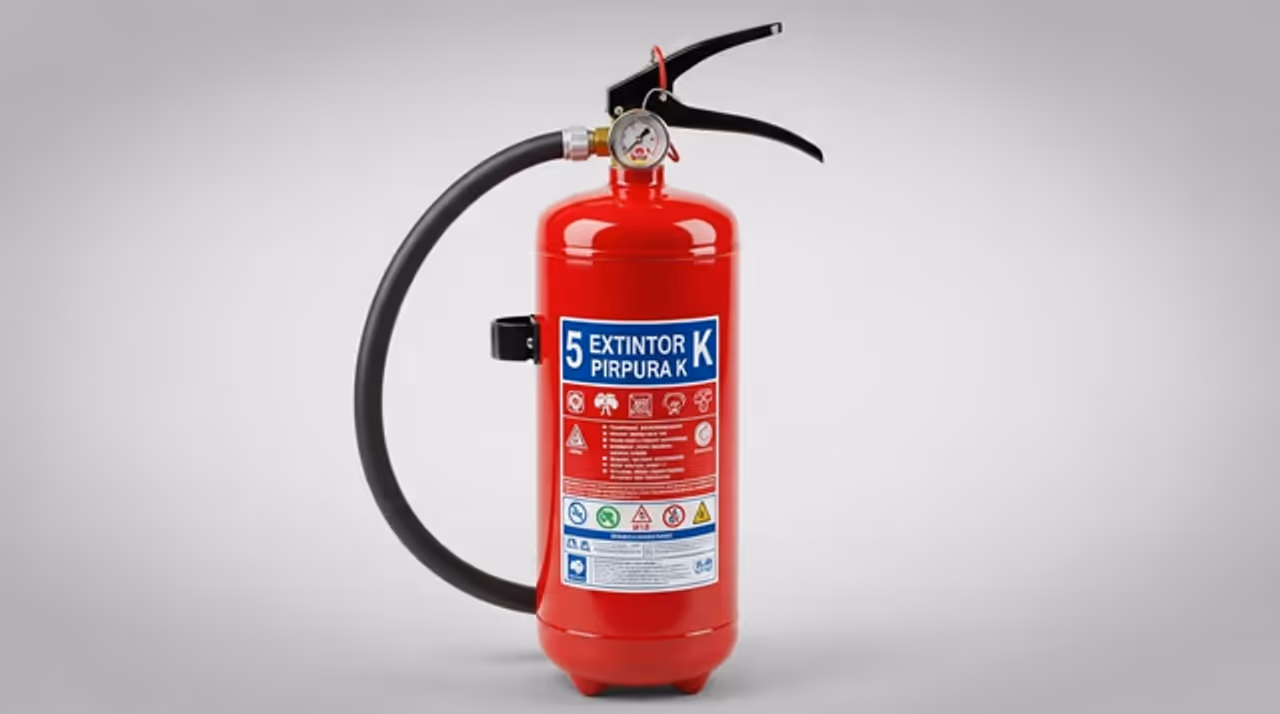 Extintor contra incendios clasificado por tipo de agente extintor (ABC, CO2, agua, espuma AFFF, agente limpio, automático)