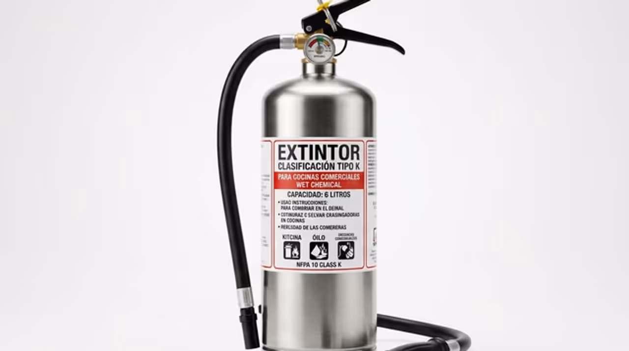 Extintor contra incendios clasificado por tipo de agente extintor (ABC, CO2, agua, espuma AFFF, agente limpio, automático)