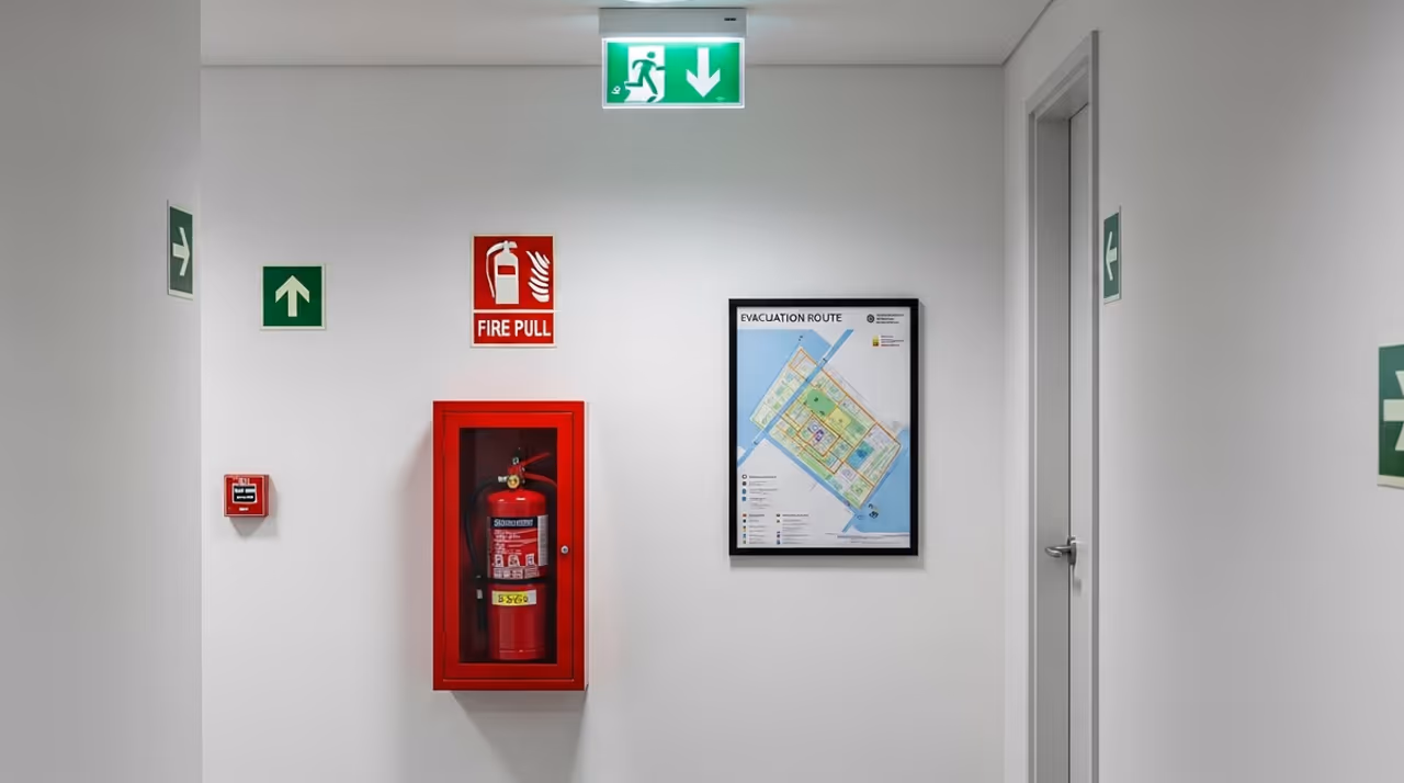 Señalización fotoluminiscente de emergencia instalada en rutas de evacuación