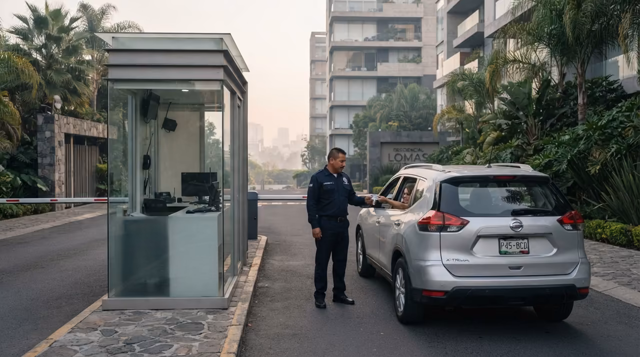 Oficial de seguridad privada operando el control de acceso de un inmueble