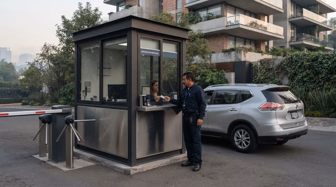 Oficial de seguridad privada operando el control de acceso de un inmueble