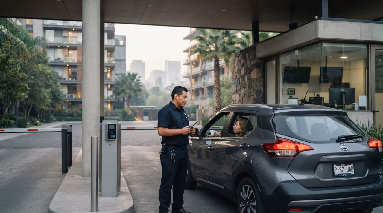 Oficial de seguridad privada operando el control de acceso de un inmueble