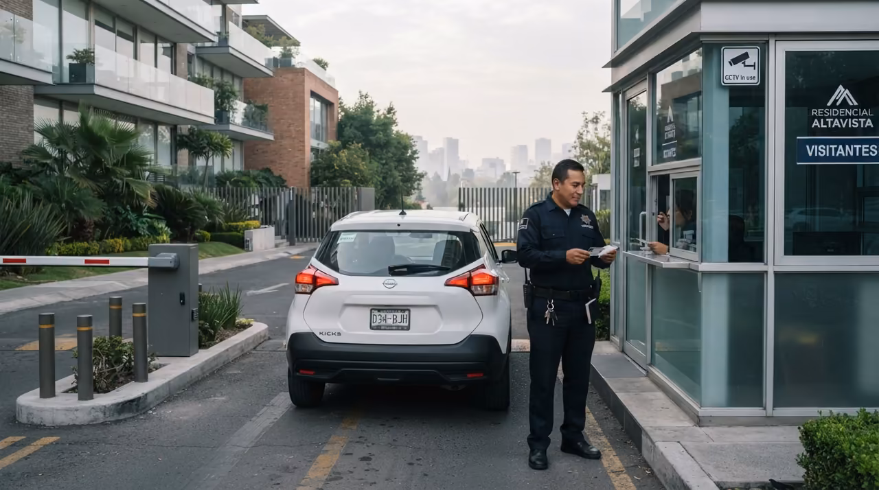 Oficial de seguridad privada operando el control de acceso de un inmueble