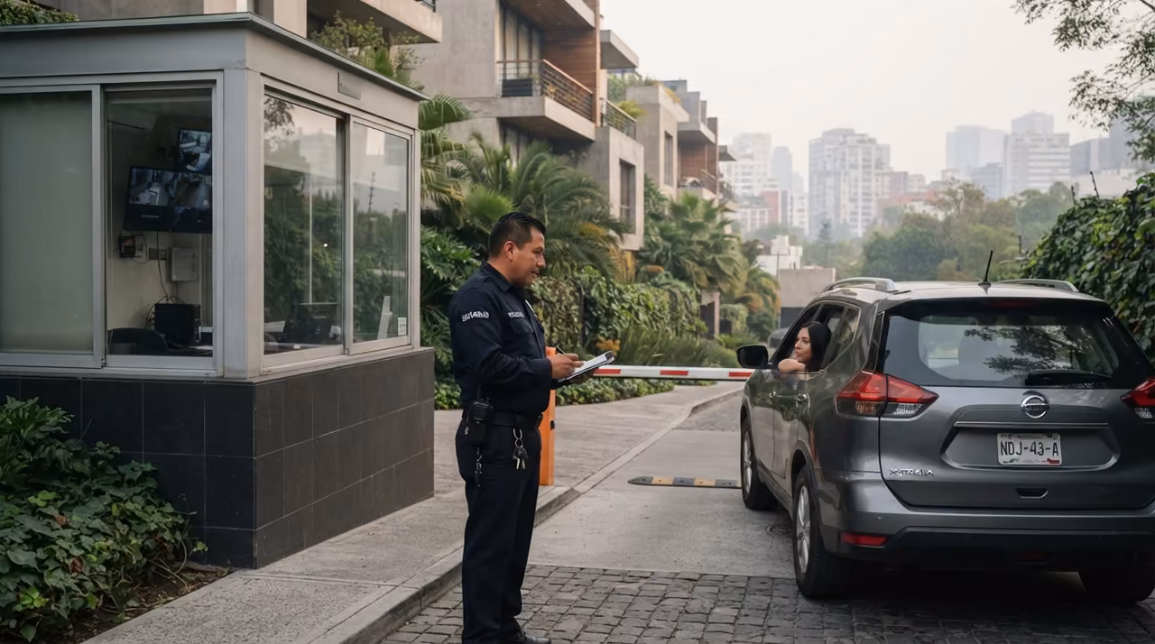 Oficial de seguridad privada operando el control de acceso de un inmueble