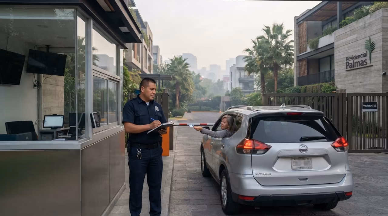 Oficial de seguridad privada operando el control de acceso de un inmueble