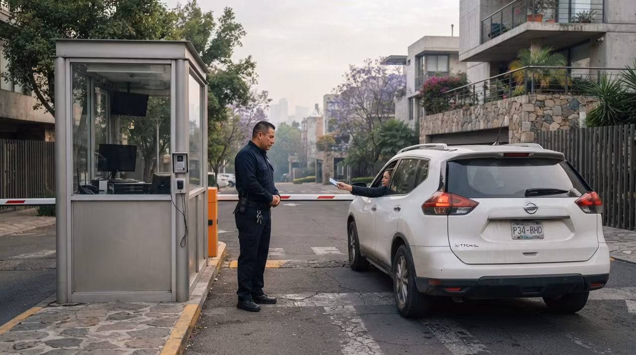Oficial de seguridad privada operando el control de acceso de un inmueble
