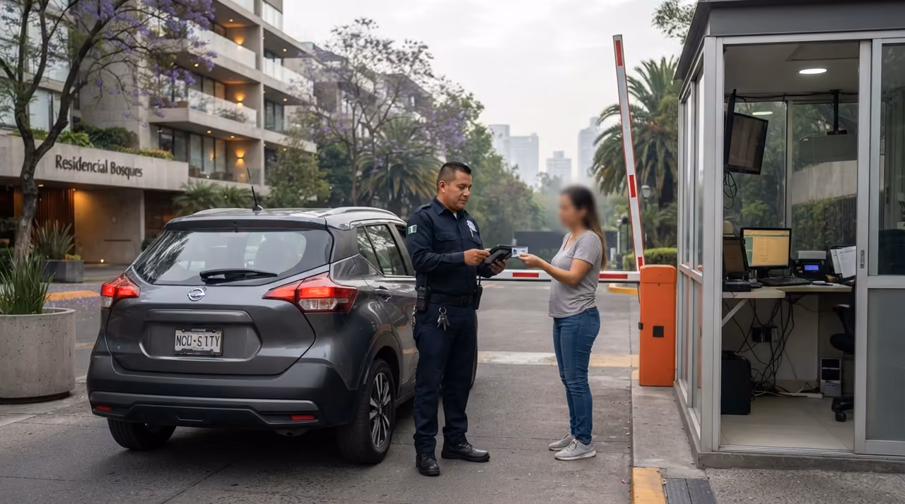 Oficial de seguridad privada operando el control de acceso de un inmueble