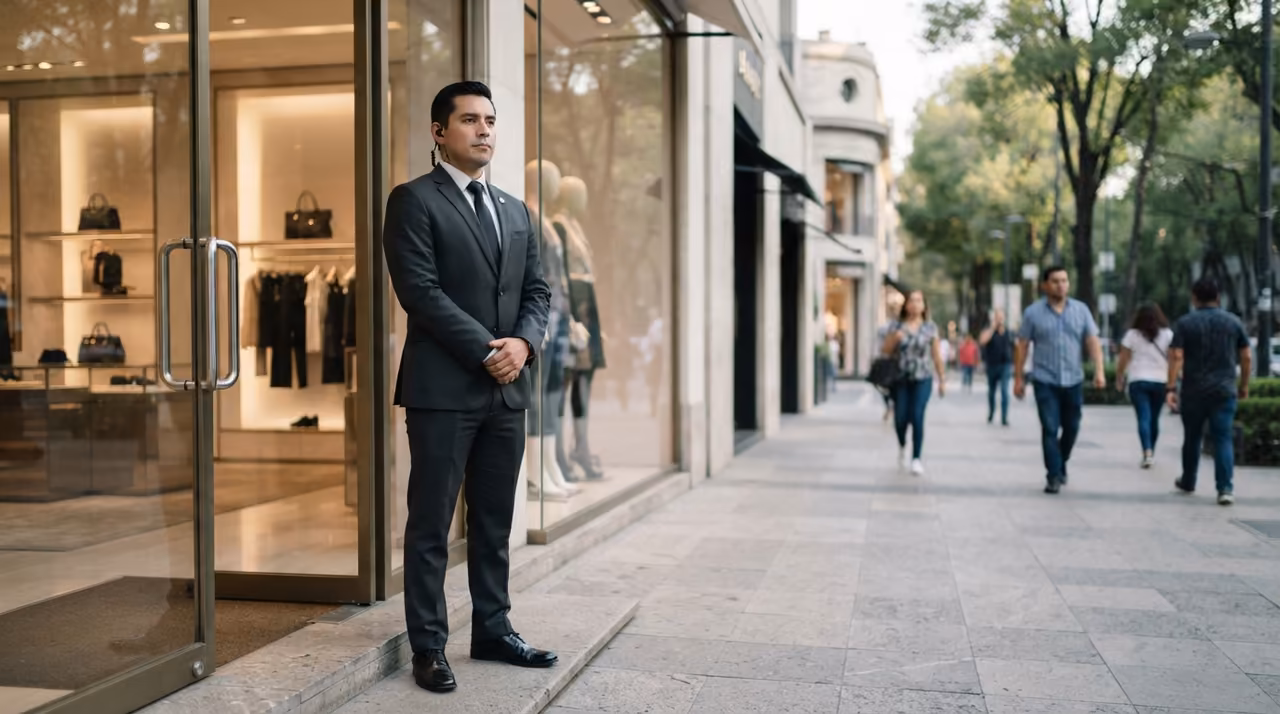 Oficial de seguridad privada resguardando un inmueble en Polanco, Ciudad de México