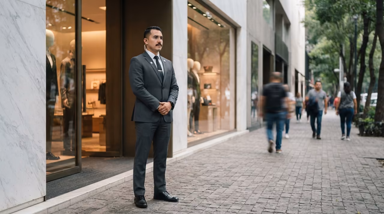 Oficial de seguridad privada resguardando un inmueble en Polanco, Ciudad de México