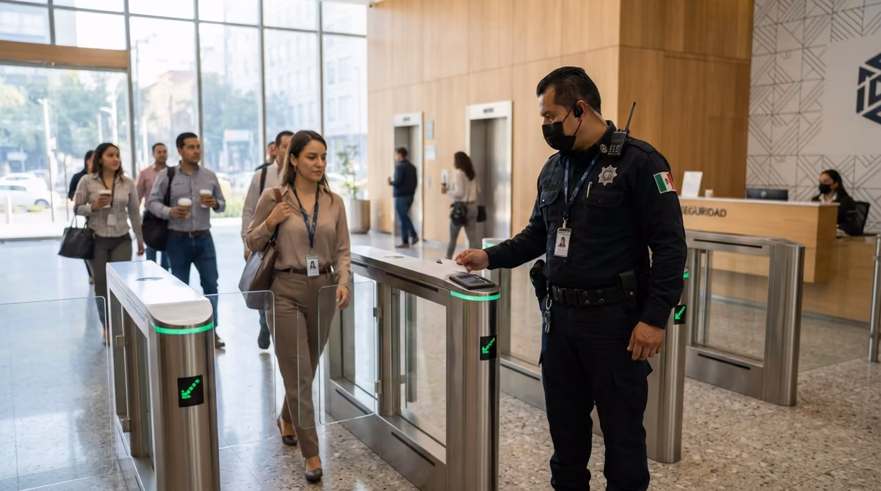 Guardia de seguridad verificando la identificación de una persona en el acceso