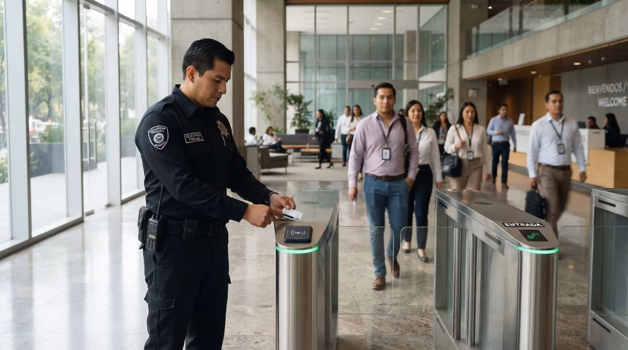 Guardia de seguridad verificando la identificación de una persona en el acceso