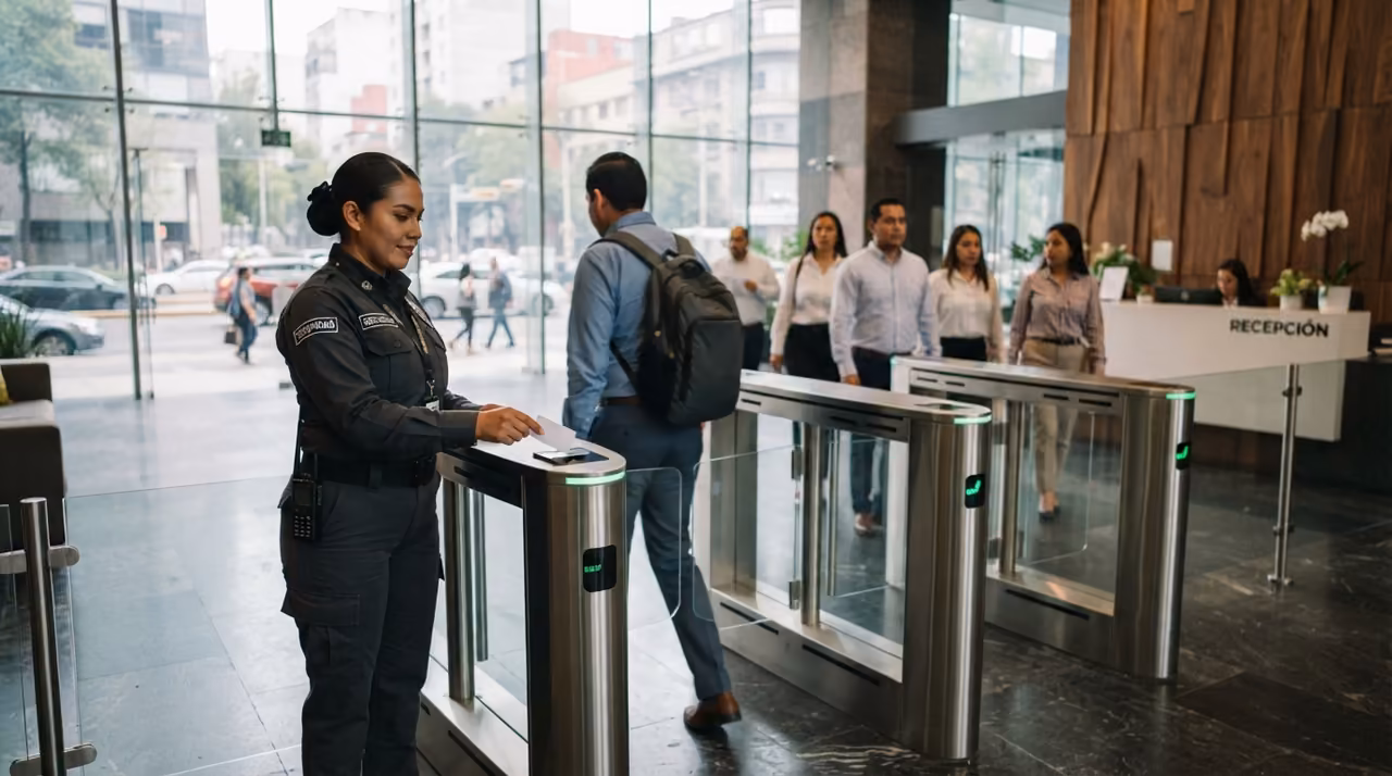 Guardia de seguridad verificando la identificación de una persona en el acceso