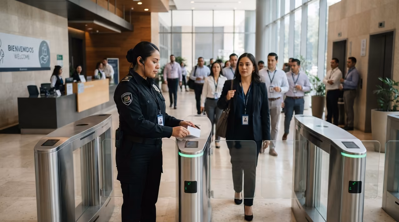 Guardia de seguridad verificando la identificación de una persona en el acceso