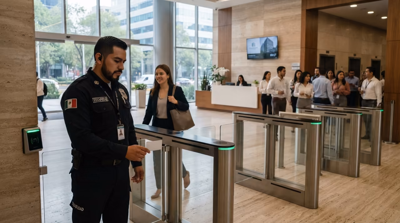 Guardia de seguridad verificando la identificación de una persona en el acceso