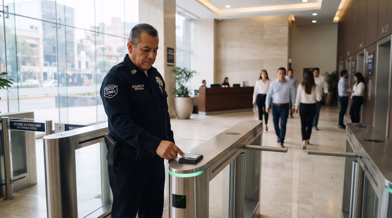Guardia de seguridad verificando la identificación de una persona en el acceso
