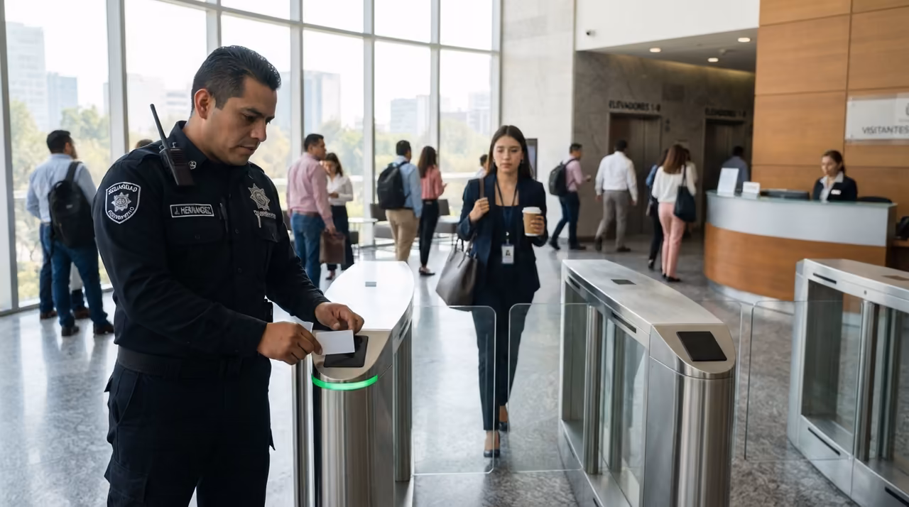 Guardia de seguridad verificando la identificación de una persona en el acceso