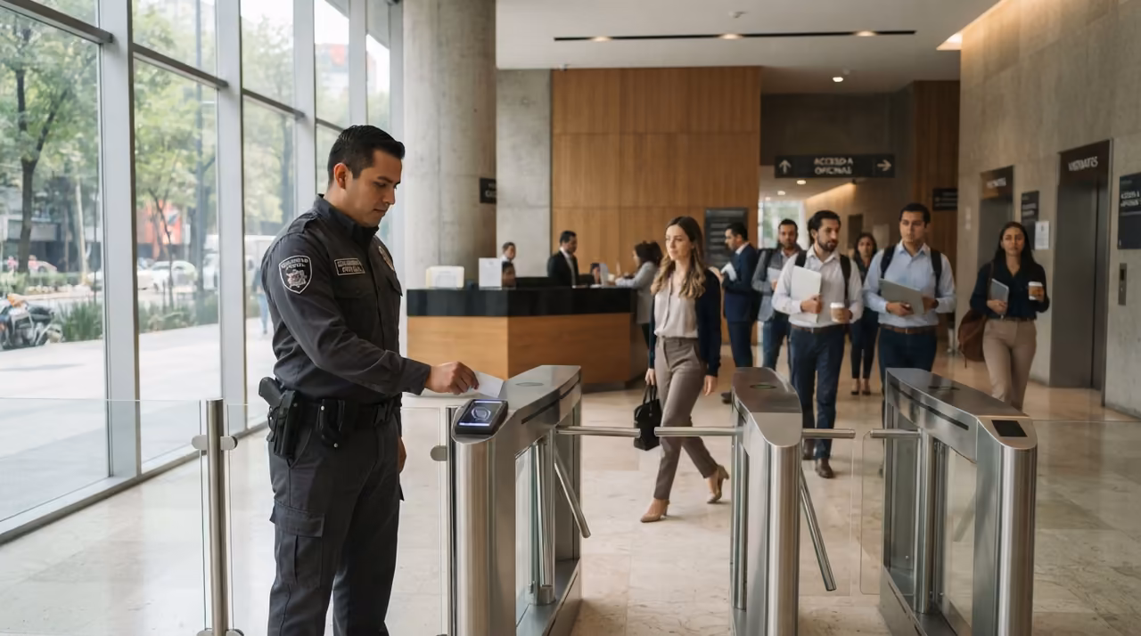 Guardia de seguridad verificando la identificación de una persona en el acceso