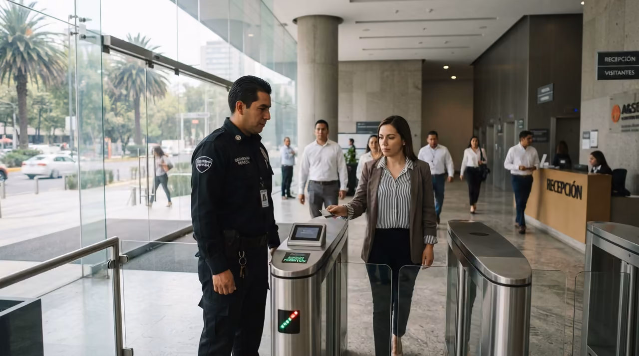 Guardia de seguridad verificando la identificación de una persona en el acceso