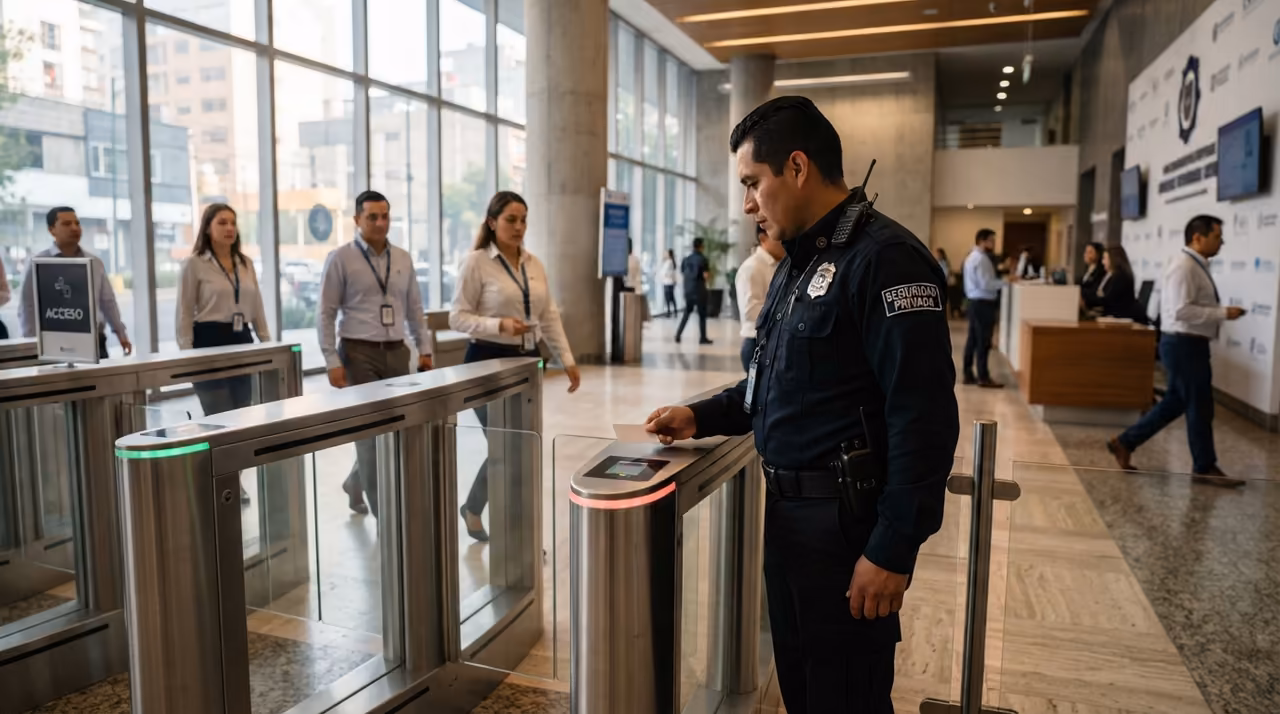 Guardia de seguridad verificando la identificación de una persona en el acceso