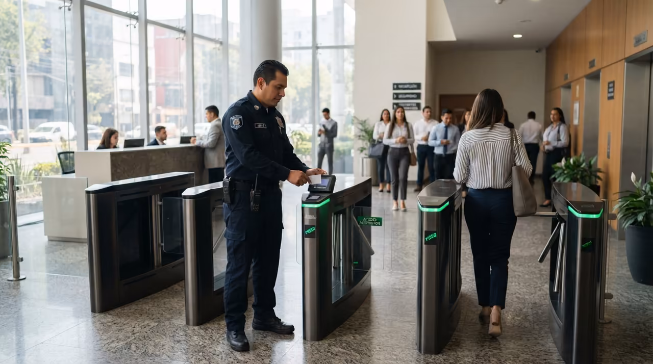 Guardia de seguridad verificando la identificación de una persona en el acceso