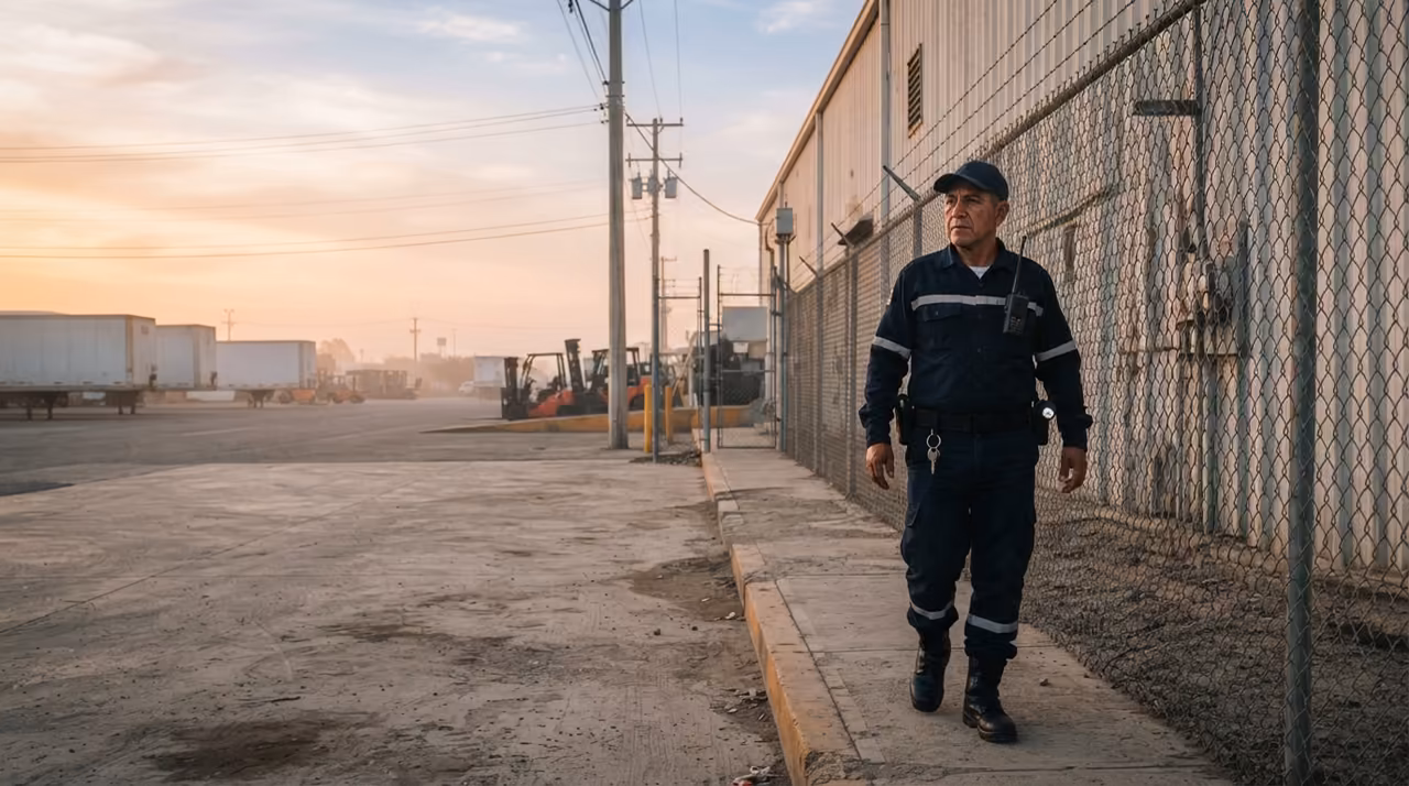 Guardia inspeccionando el perímetro de un almacén