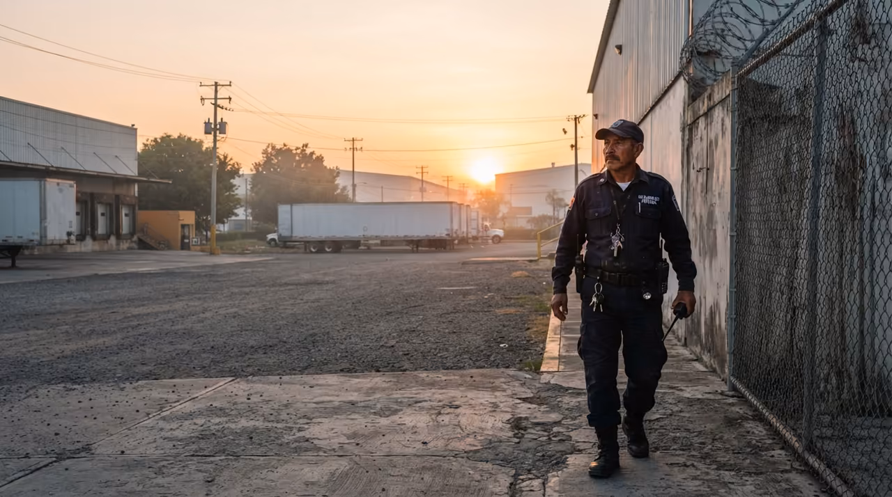 Guardia inspeccionando el perímetro de un almacén