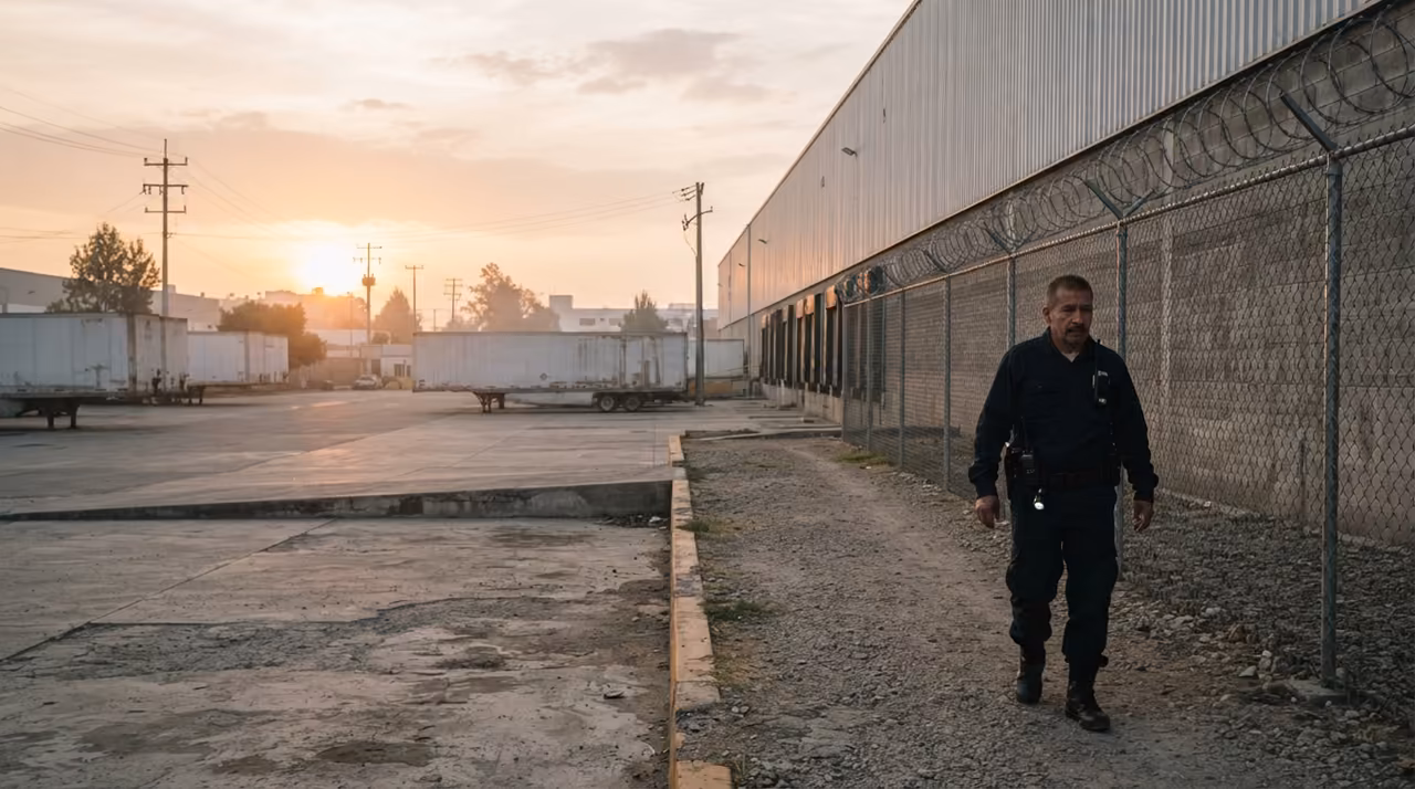 Guardia de seguridad inspeccionando el perímetro de unas instalaciones