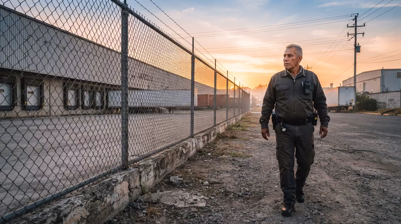 Guardia de seguridad inspeccionando el perímetro de unas instalaciones