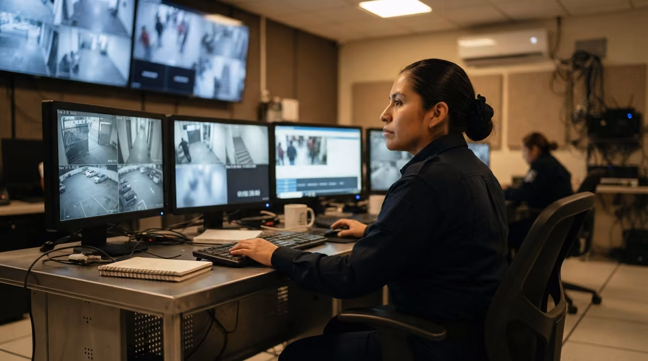 Operador de seguridad monitoreando cámaras CCTV desde el centro de control