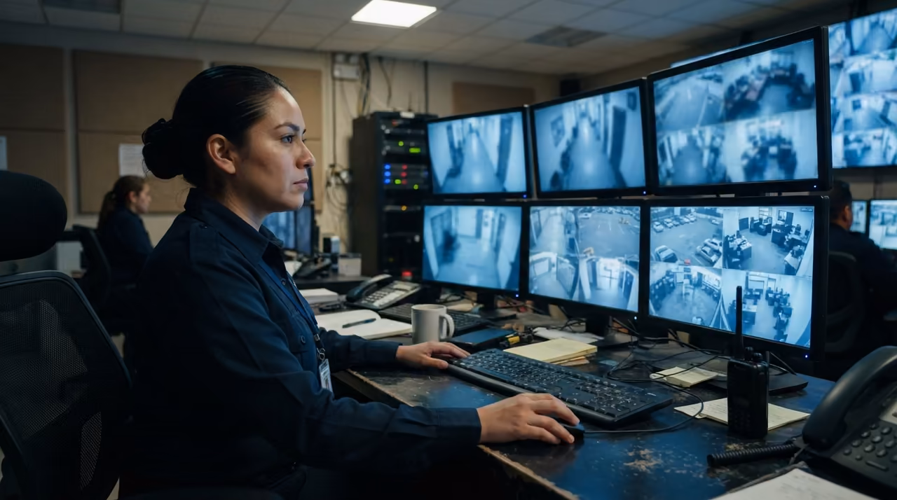 Operador de seguridad monitoreando cámaras CCTV desde el centro de control