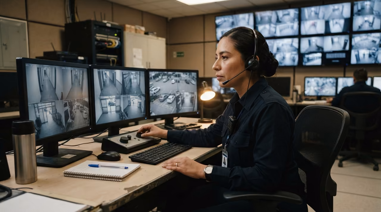 Operador de seguridad monitoreando cámaras CCTV desde el centro de control