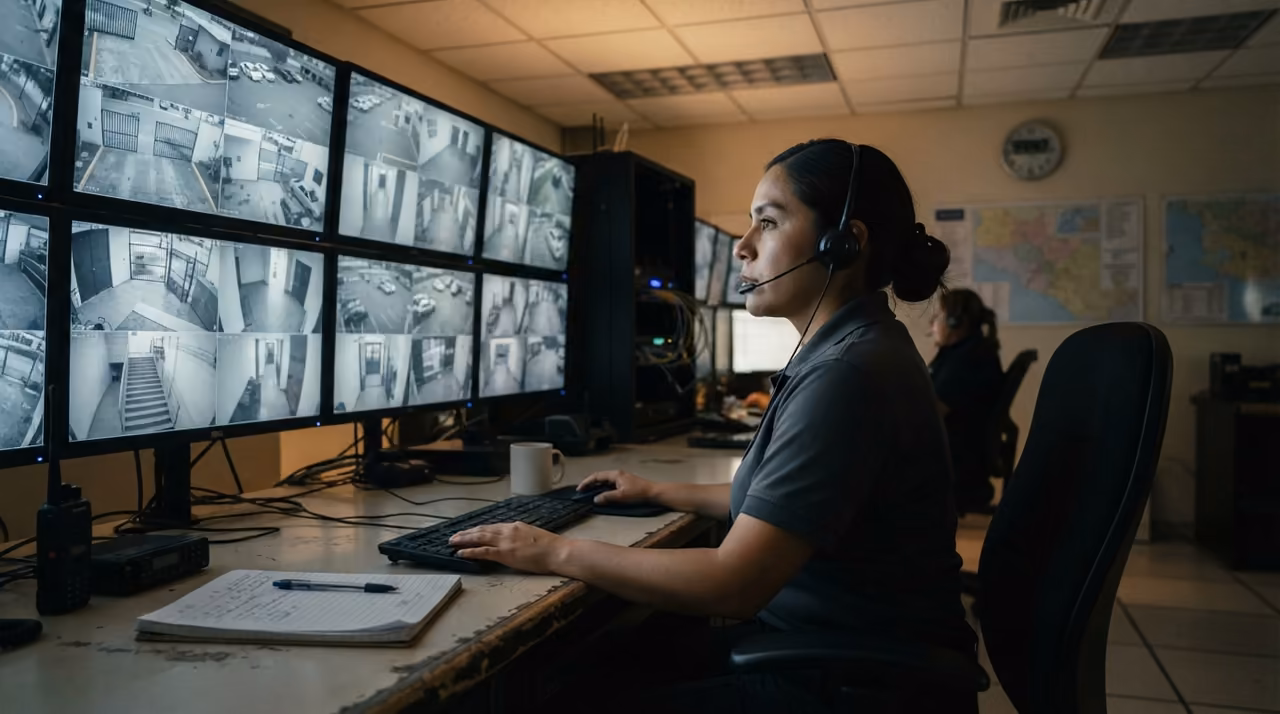 Operador de seguridad monitoreando cámaras CCTV desde el centro de control