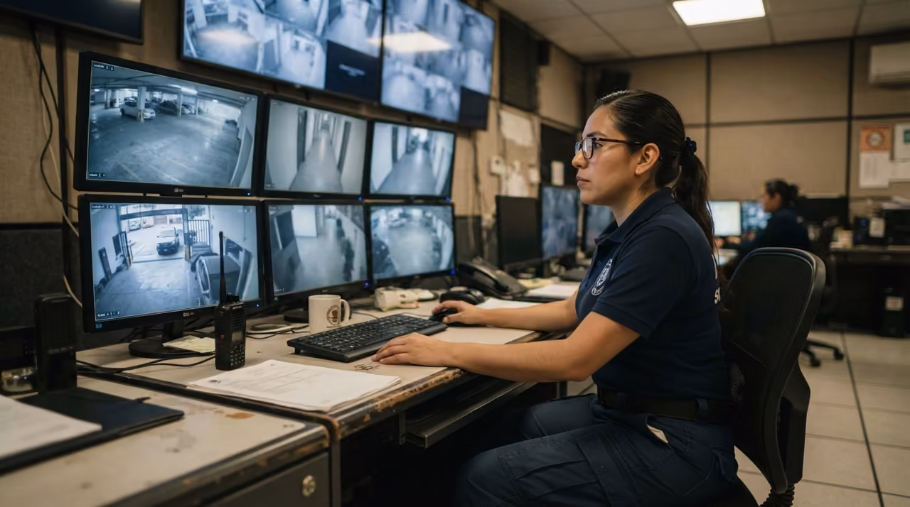Operador de seguridad monitoreando cámaras CCTV desde el centro de control