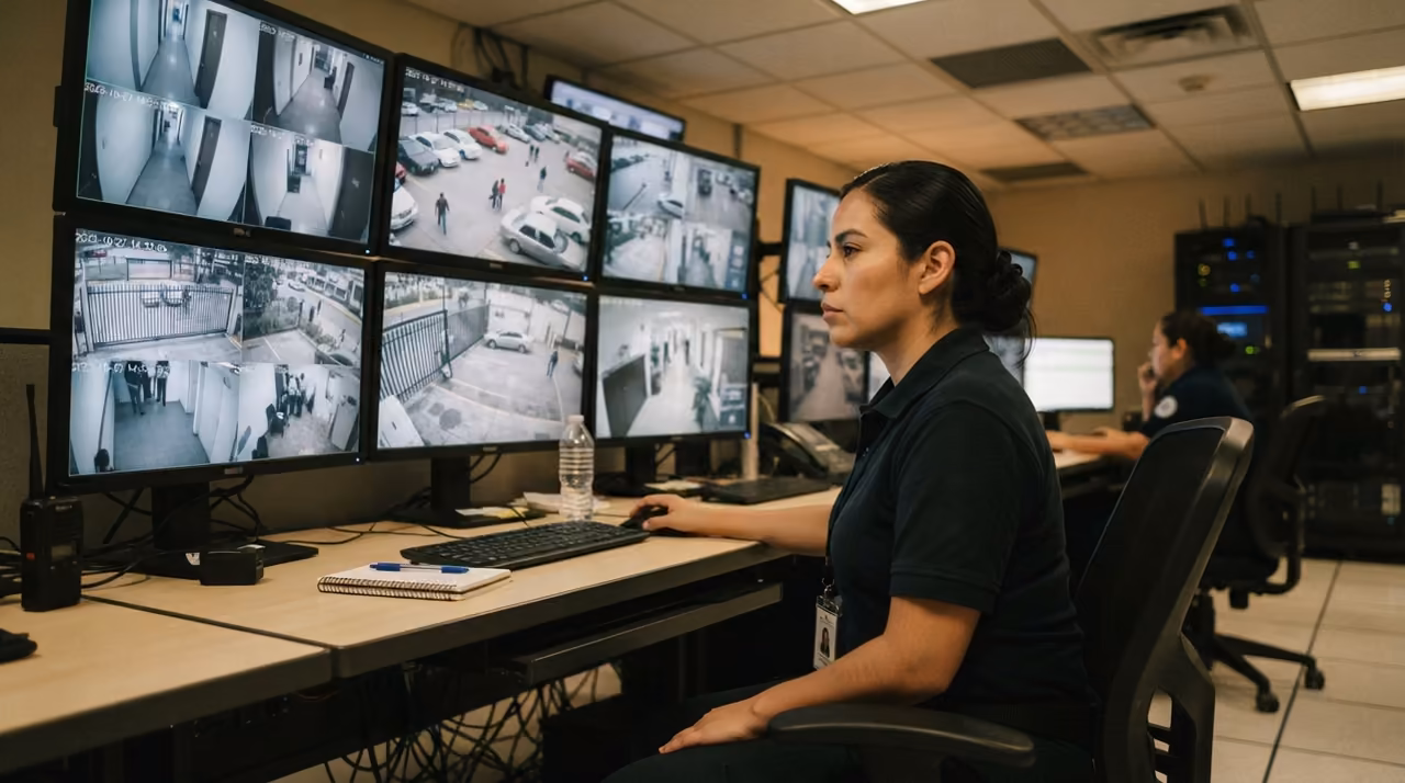 Operador de seguridad monitoreando cámaras CCTV desde el centro de control