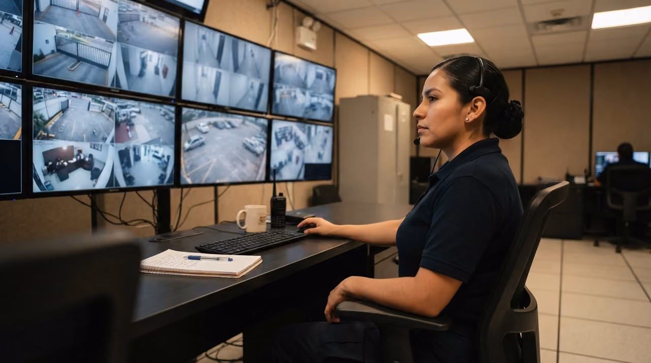 Operador de seguridad monitoreando cámaras CCTV desde el centro de control