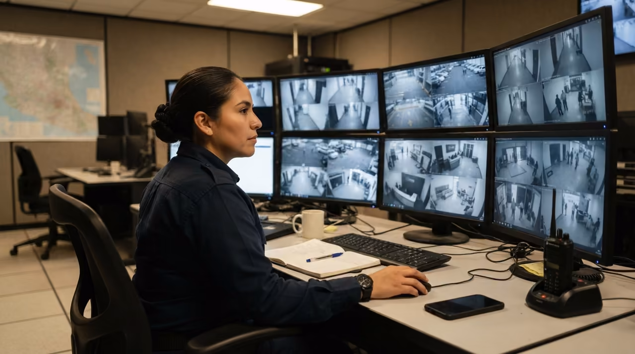 Operadora de seguridad supervisando el circuito cerrado de televisión