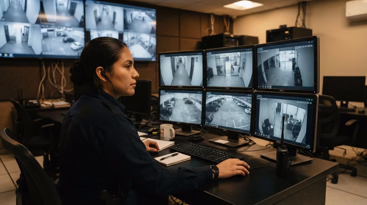 Operadora de seguridad supervisando el circuito cerrado de televisión