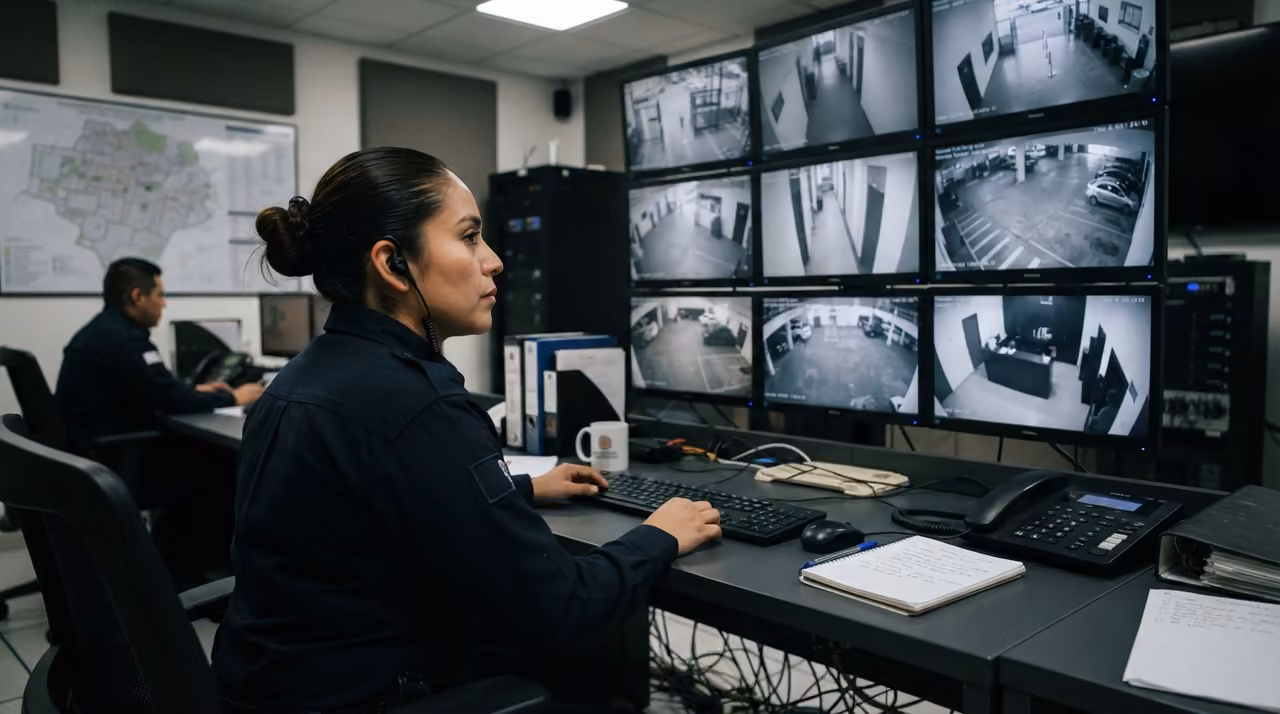 Operadora de seguridad supervisando el circuito cerrado de televisión