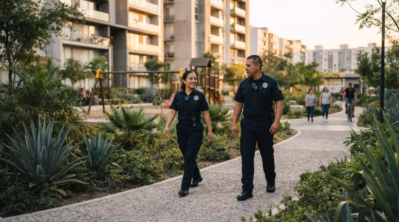 Guardias de seguridad privada patrullando un condominio vertical