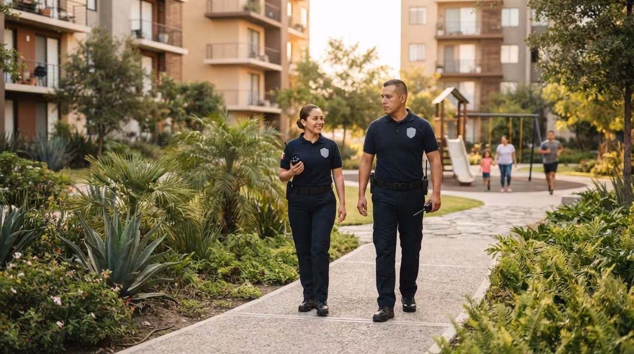Guardias de seguridad privada patrullando un condominio vertical