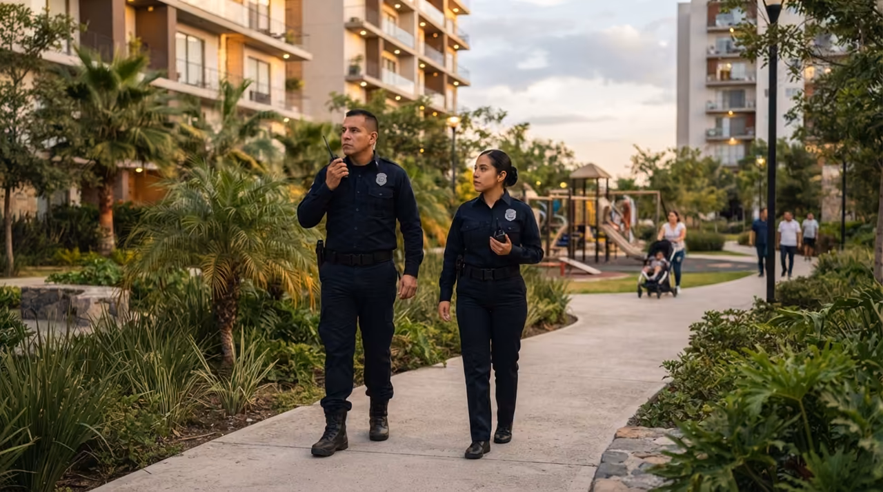Guardias de seguridad privada patrullando un condominio vertical