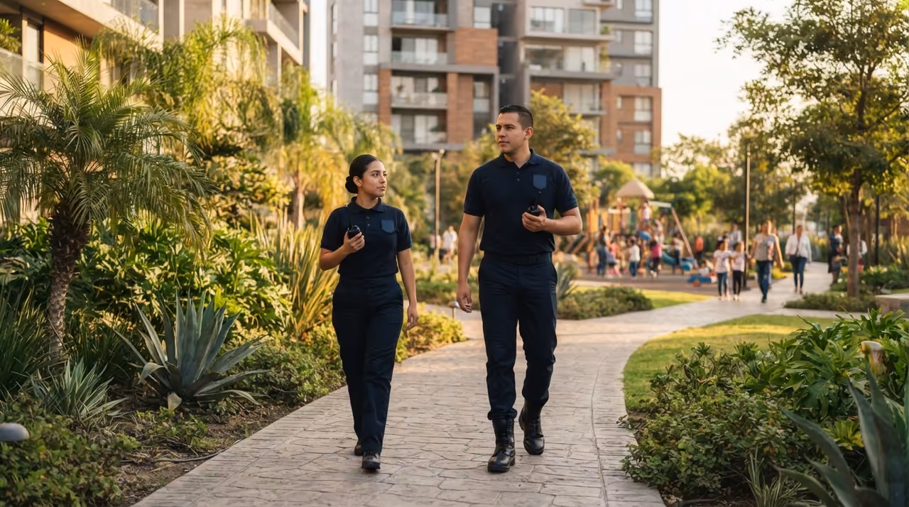 Guardias de seguridad privada patrullando un condominio vertical