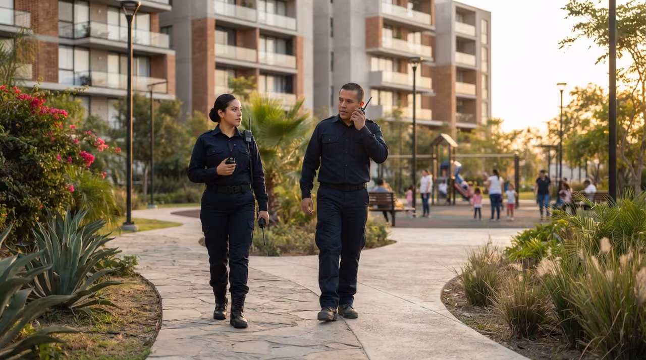 Guardias de seguridad privada patrullando un condominio vertical